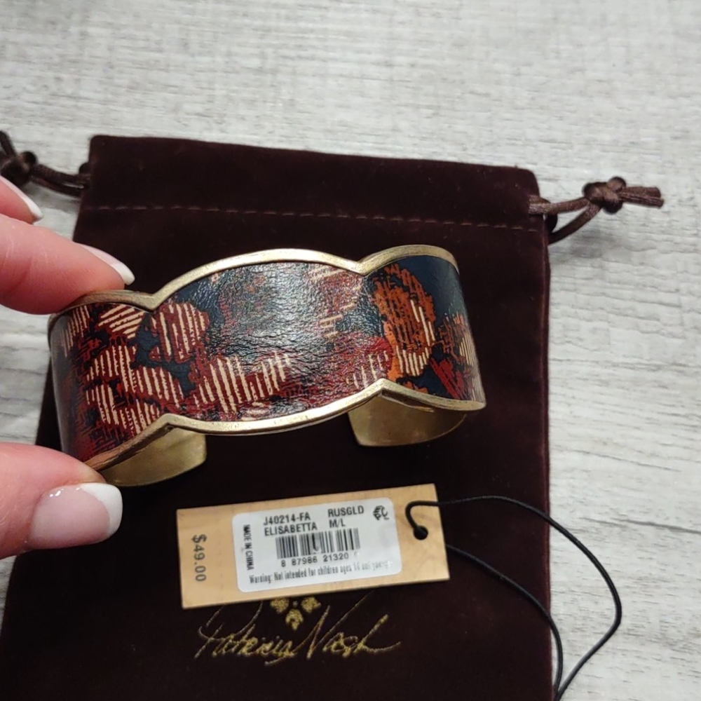 Patricia Nash ELISABETTA Gold Leather Bangle Cuff Floral New Rare Bracelet Metal